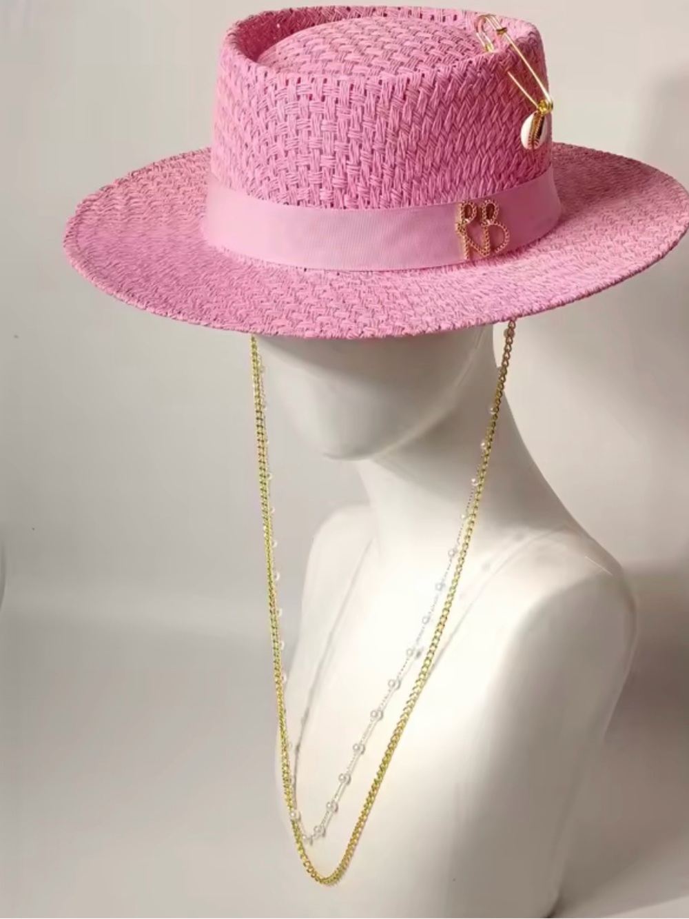 Chic Pink Straw Fedora with Gold Accent Chain